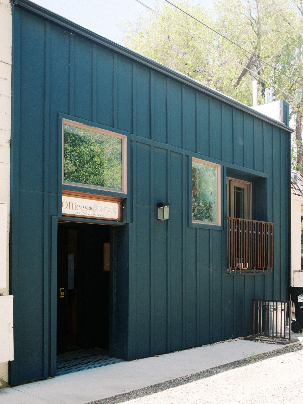 Offices at Fiona's — the studio building's entrance at 130 Grand Ave, Paonia, Colorado